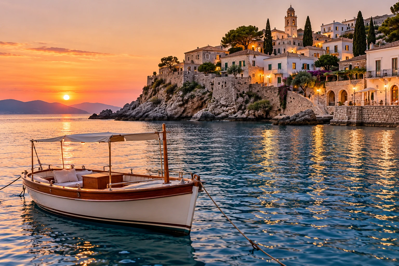 Imagen ilustrativa de un barco al atardecer junto a un pueblo mediterráneo