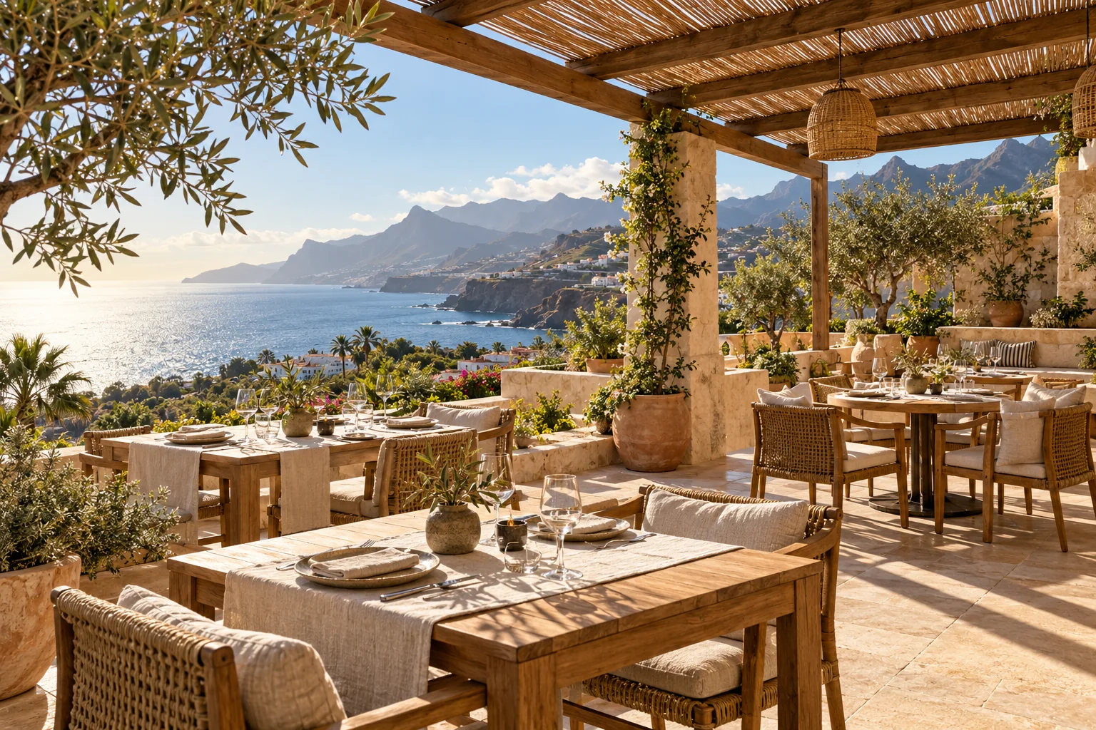 Imagen ilustrativa de una terraza de restaurante al aire libre junto al mar